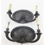 A pair of French C19th Bronze two branch wall sconces, converted to electricity, 45cmW