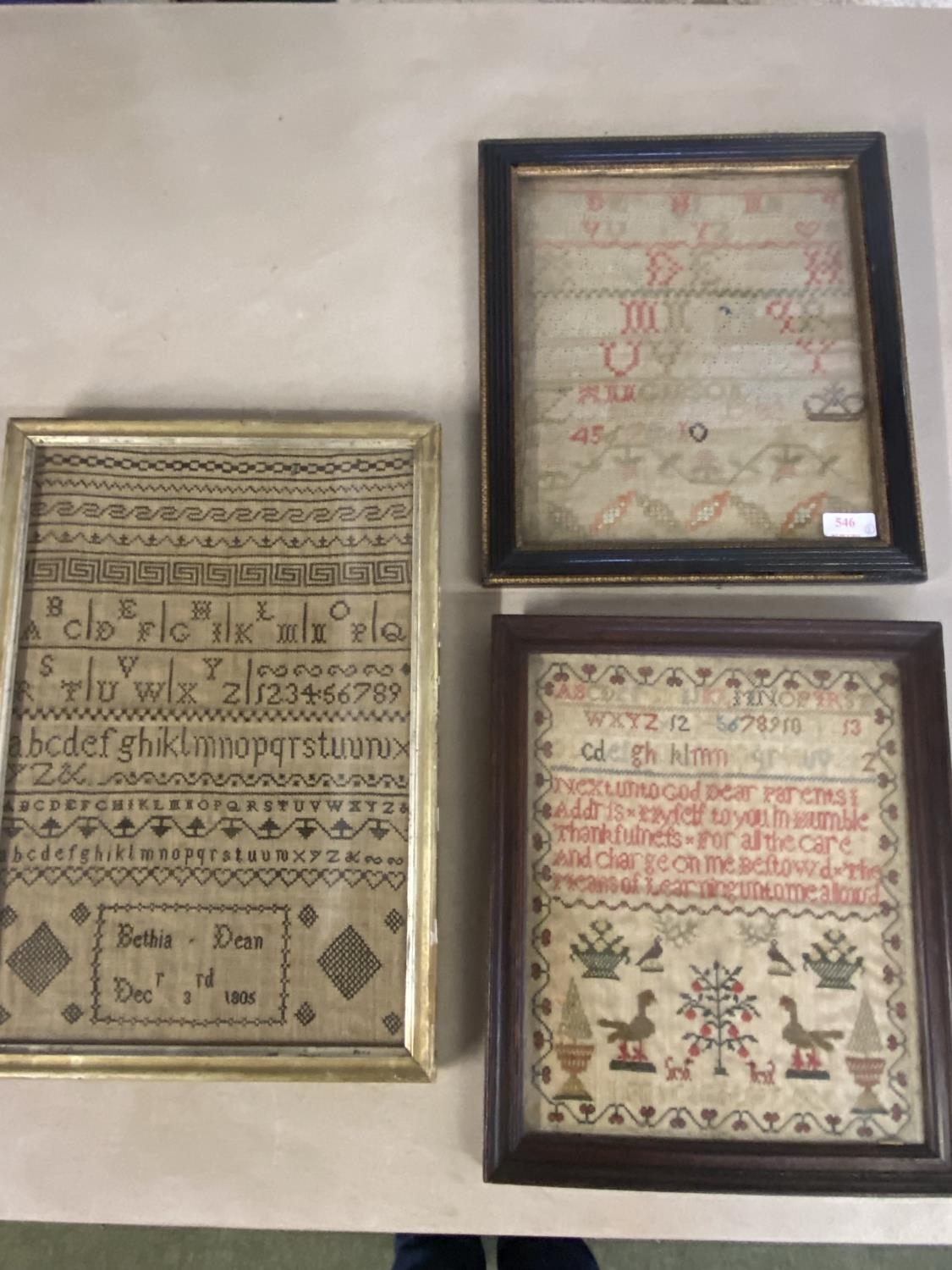 3 framed and glazed needlework samplers one dated 1782 28 cm x 24 cm one dated 1805 Bethia Dean 40 - Image 2 of 7