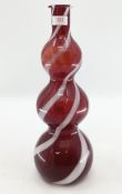 A mid century Mirano style triple gourd vase, red and white candy stripe, 400cmH