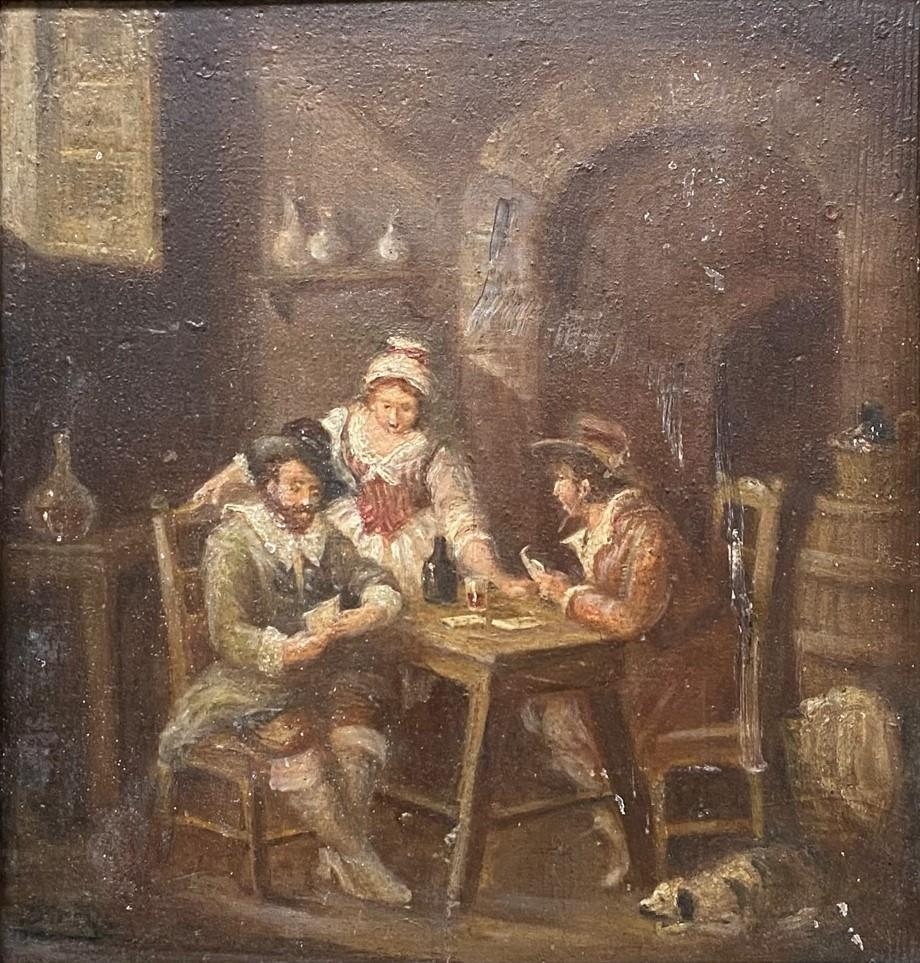 C19th oil on board of an interior tavern scene, in a unglazed gilt frame, 27 x 26cm - Image 6 of 6