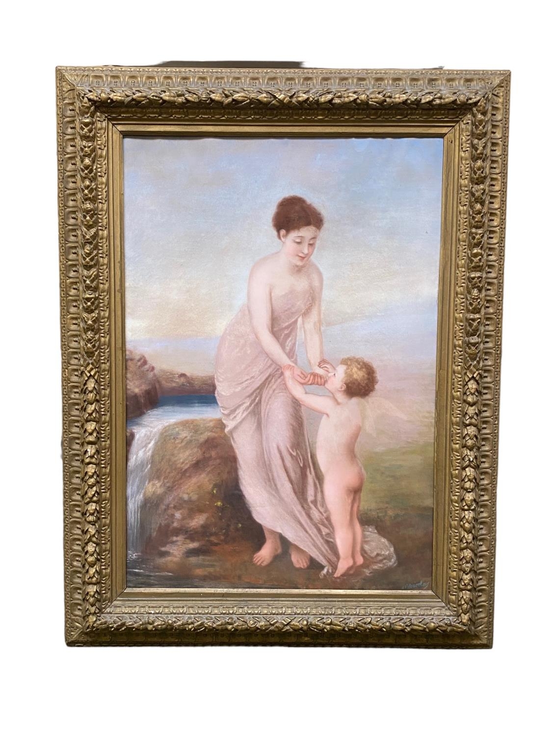 Late C19th/early C20th, oil on canvas, of mother and child at bath, Indistinctly signed ?Micelay, - Image 3 of 4