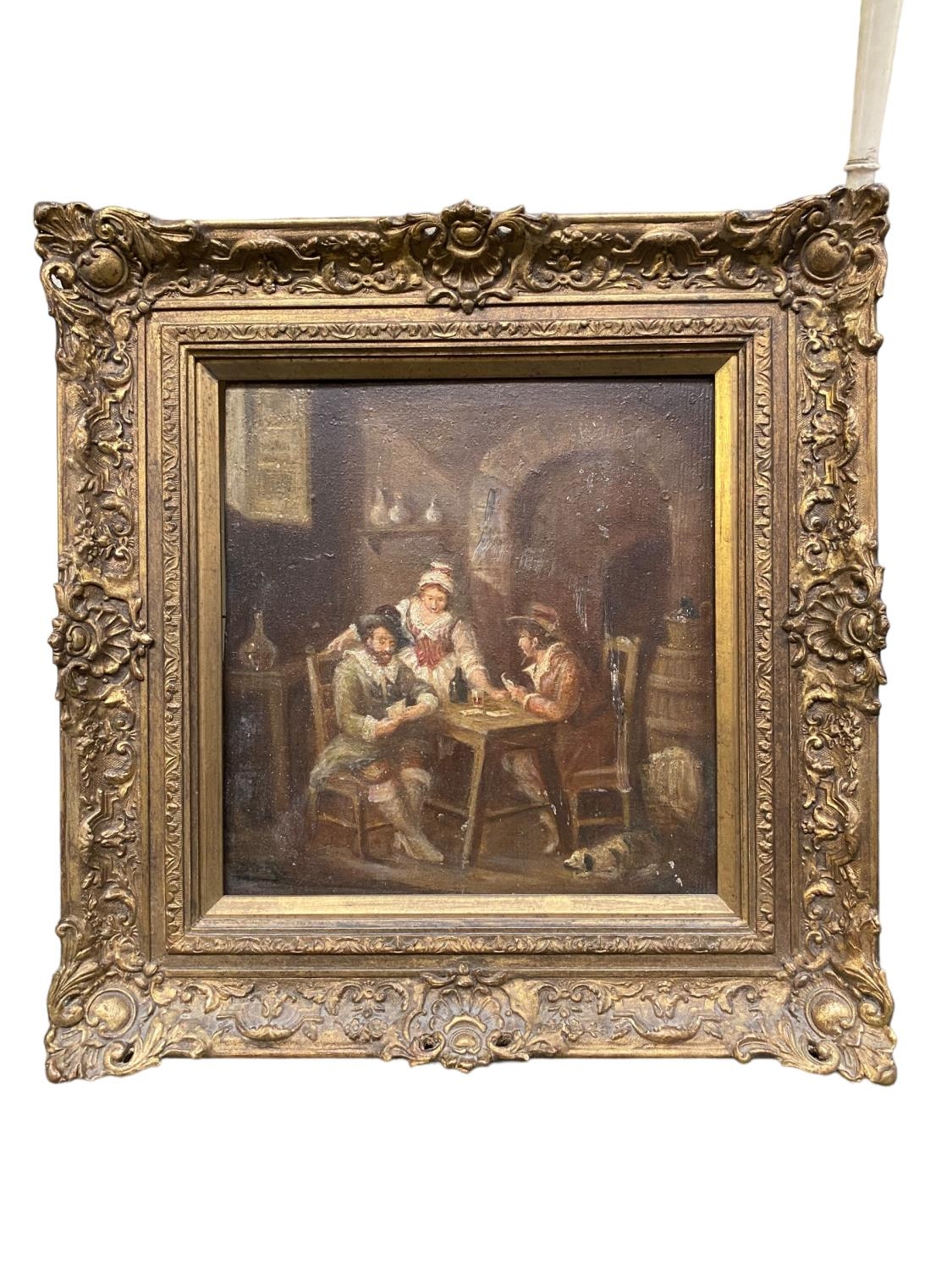 C19th oil on board of an interior tavern scene, in a unglazed gilt frame, 27 x 26cm - Image 4 of 6