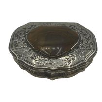 An C18th unmarked white metal agate pocket snuff box with inset central cartouche, inscription