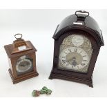 Mahogany bracket clock, Arched face with silvered dial and gilt spandrels, retailed by Liberty of