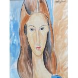 After Modigliani, modern reproduction watercolour on board, bust portrait of a lady, in a gilt glaze