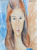 After Modigliani, modern reproduction watercolour on board, bust portrait of a lady, in a gilt glaze