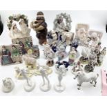 Collection of ceramic figures to include Staffordshire Flatbacks, two pairs of bookends by Sophia