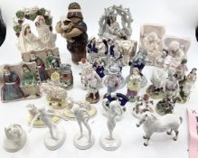 Collection of ceramic figures to include Staffordshire Flatbacks, two pairs of bookends by Sophia