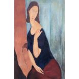 After Modigliani, modern reproduction oil on canvas, of a seated lady in gilt frame, Verso "