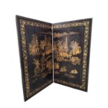 Heavy wooden Oriental two panel folding lacquered screen depicting river and social scenes (old