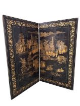 Heavy wooden Oriental two panel folding lacquered screen depicting river and social scenes (old