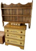 Painted pine chest of 3 drawers, with dressing table over (no mirror), a pine shelf rack and a