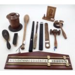 A collection of miscellaneous items to include gavels, score boards, page tuner, carved desktop