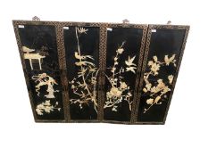 Four black lacquer and mother of pearl and hardstone inlay Chinese panels 92 x 31cm