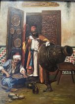 Two oils of arabic scenes, tiger tamer signed D.GOETZ lower right and metal workers, oil on tin