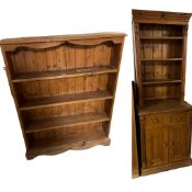 Pine bookcase and a narrow pine dresser