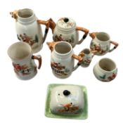 Staffordshire PPC novelty tea set with other items with a fox hunting theme.