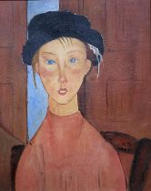 In the style of Modigliani, modern reproduction, oil on canvas, child in beret, Verso: Bambino con