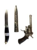 A Victorian rim fire Pistol and a Oriental decorated white metal dagger