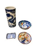 Collection oriental ceramics to include blue and white cylinder vase with stylised dragon