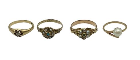 A collection of 4 yellow metal and gold rings to include an 18 ct single diamond set ring, 15 ct