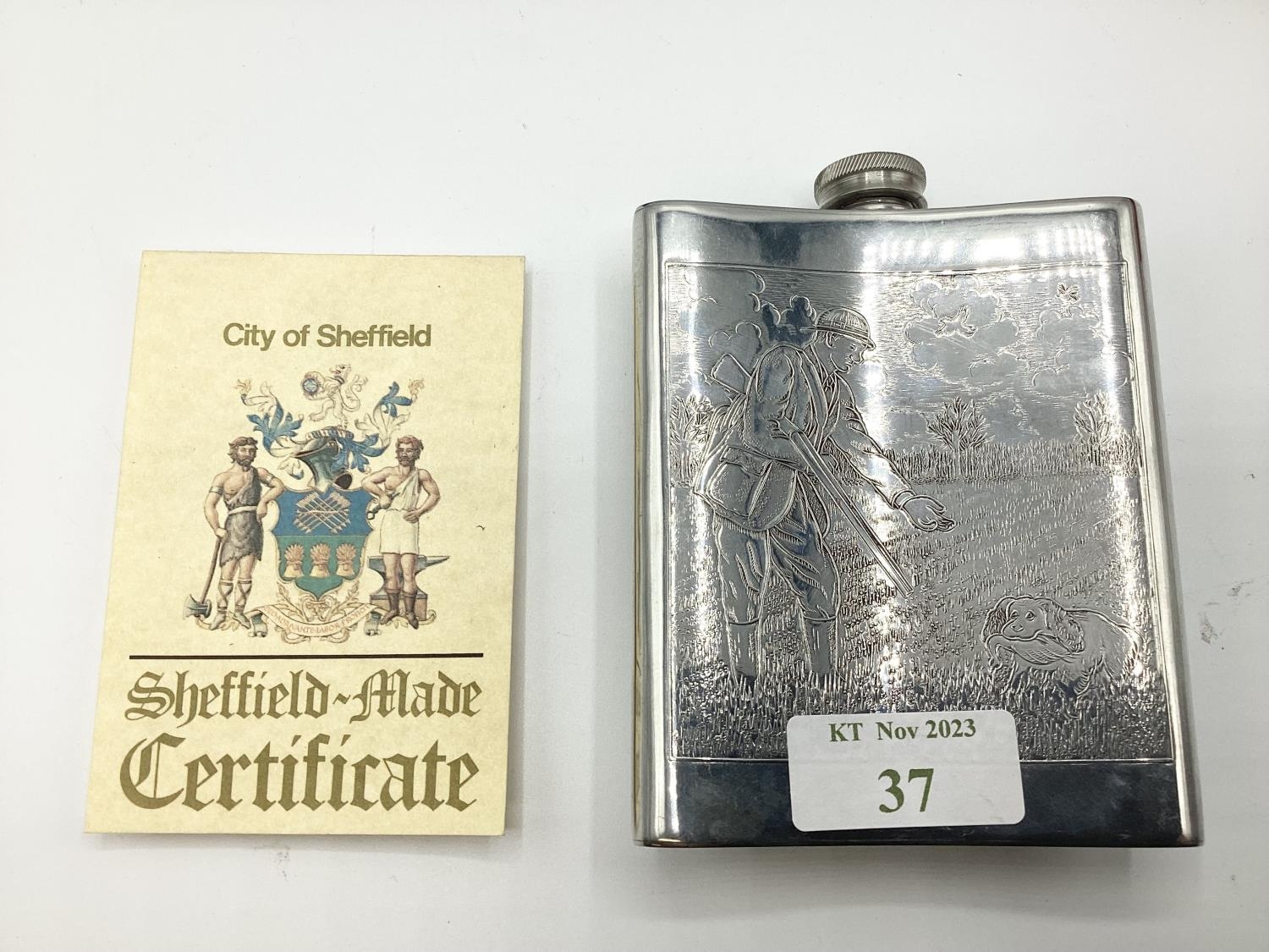 A Sheffield Pewter hipflask with chased hunting scenes with certificate in presentation box - Image 6 of 8