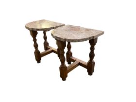 Pair of marble topped hall tables and turned heavy oak bases. 68 cm W x 55 cm D x 75 cm H.