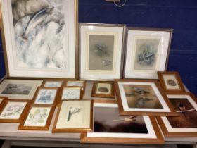 A quantity of framed and glazed prints, including Robin Armstrong Salmon Studies, dated 1984,