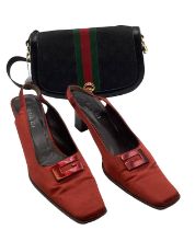 GUCCI: a pair of red slingback shoes, some wear to sole and satin. GUCCI Handbag, leather and