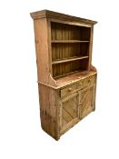 A rustic farmhouse pine kitchen dresser 131 cm W x 48 cm D x 200 cm H. Much wear commensurate with