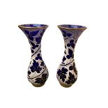 Pair of C20th blue white and gilt waisted glass vases 39 cm H