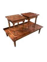 Pair of mahogany side tables on tapering turned legs 50 cm x 50 cm x 50 cm H with a matching large