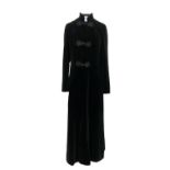 RAYMOND OF LONDON black velvet long evening coat , some wear to frogging fastenings