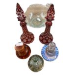 Mixed collection of glassware to include a pair of cut ruby bohemian style perfumes, orange
