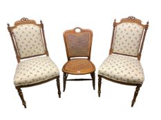 A pair of re-upholstered Edwardian chair. Fabric by Nicole Fabre, in good order 96 cm H x 48 cm W