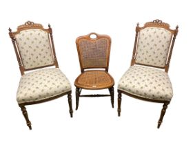 A pair of re-upholstered Edwardian chair. Fabric by Nicole Fabre, in good order 96 cm H x 48 cm W