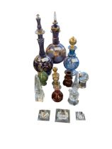 Collection of opalescent glass perfumes and other items some damaged, largest 31 cm H