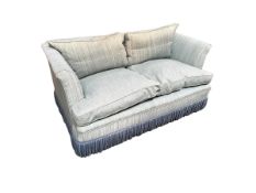 A two seater sofa, upholstered in a light blue fabric. As found with some wear, 150cmL