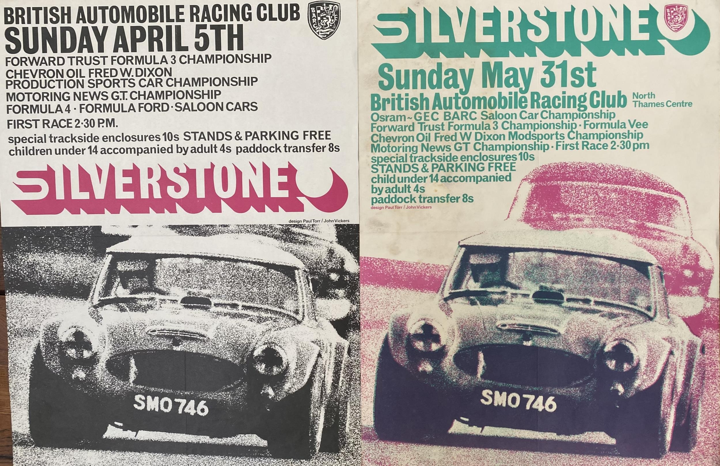 Two original BARC motor racing posters, Silverstone 5th April, 31st May, one in good order, one with