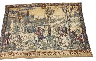 C17th style wall hanging tapestry, with floral border and Continental Landscape scene, 140cm x 207cm