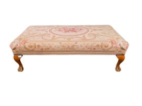 Rectangular upholstered footstool on carved ball and claw feet 120 cm L x 71 cm D x 39 cm H