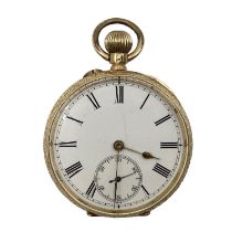 An 18 ct gold ladies crown wind pocket watch, open 24 mm face, Roman numeral markers and second