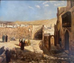 Oil on canvas, middle eastern village scene, recessed gilt frame, signed indistinctly lower right
