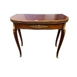 Louis XVI style kingwood ormulu mounted flip top card table, with single recessed drawer 83 cm W x