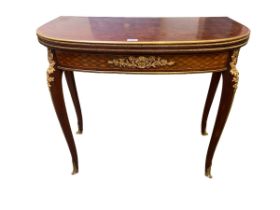Louis XVI style kingwood ormulu mounted flip top card table, with single recessed drawer 83 cm W x
