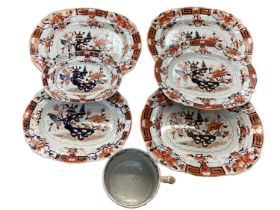 Quantity of Masons Ironstone platters, 6 and with some fading and wear, largest 37cm long; and an