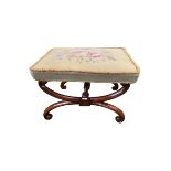 Mahogany stretcher stool with tapestry seat, 66cm W x 52 cm D x 43 cm H