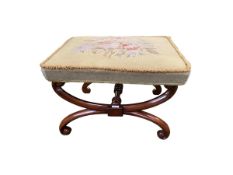 Mahogany stretcher stool with tapestry seat, 66cm W x 52 cm D x 43 cm H