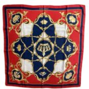 HERMES silk scarf, Crowns red white and blue, good condition, tiny mark to one white pabel