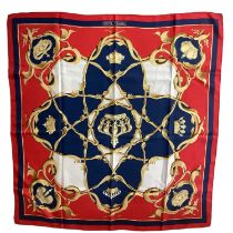 HERMES silk scarf, Crowns red white and blue, good condition, tiny mark to one white pabel